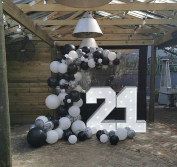 21st Marquee Numbers featuring our balloon garland with spots of agate balloons