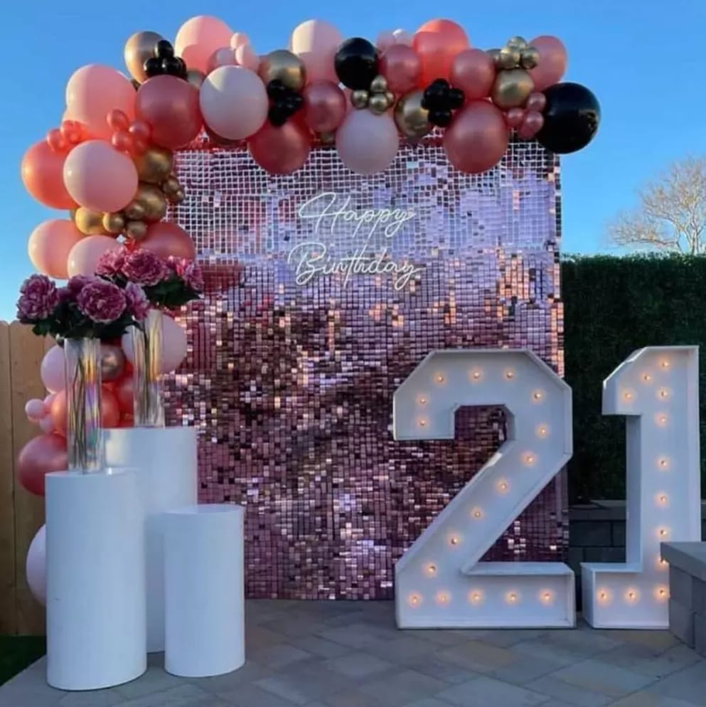 Pink Shimmer backdrop featuring a gorgeous balloon garland and our white plinths